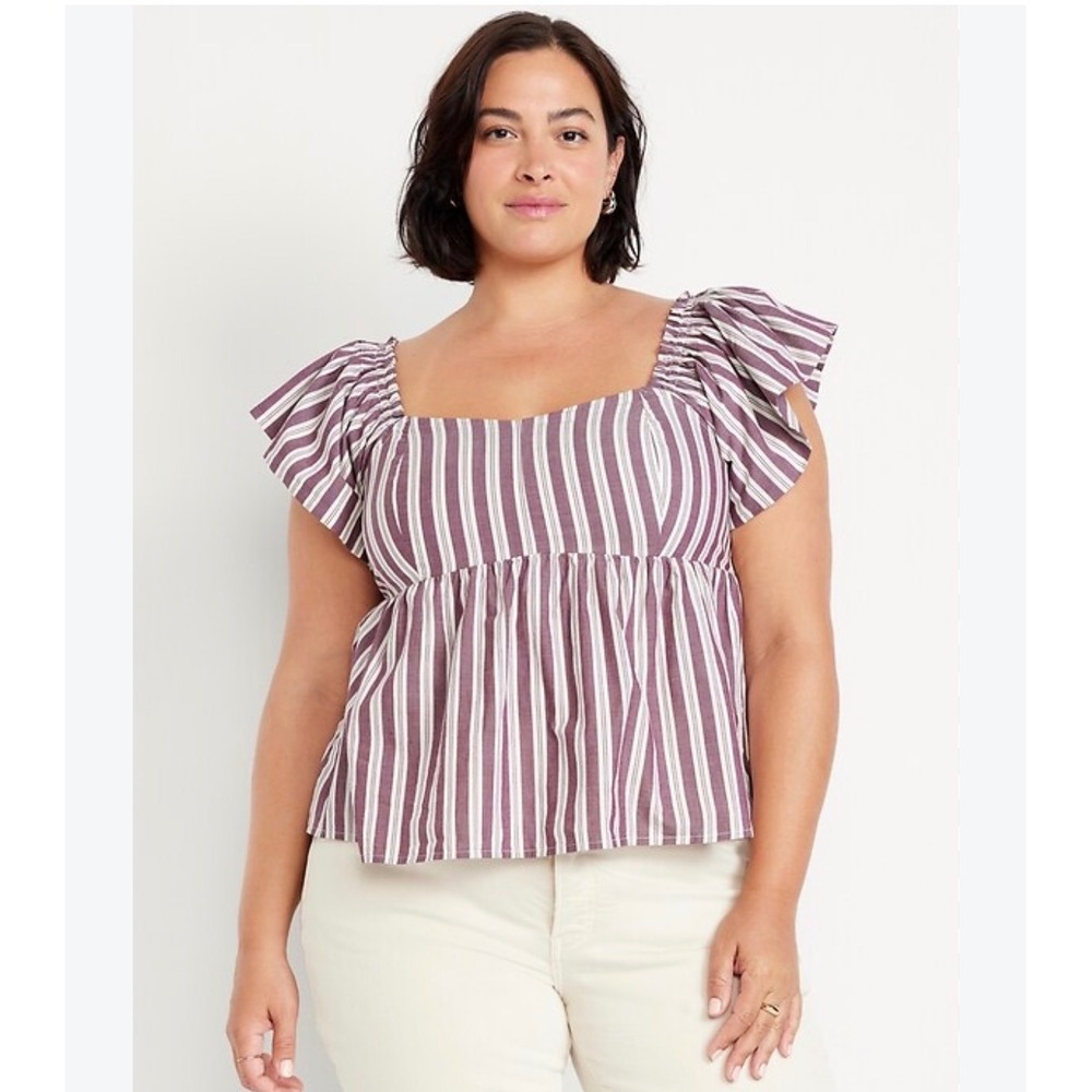 Old Navy XXL Purple White Stripe Flutter Sleeve Smocked Babydoll Top NWT